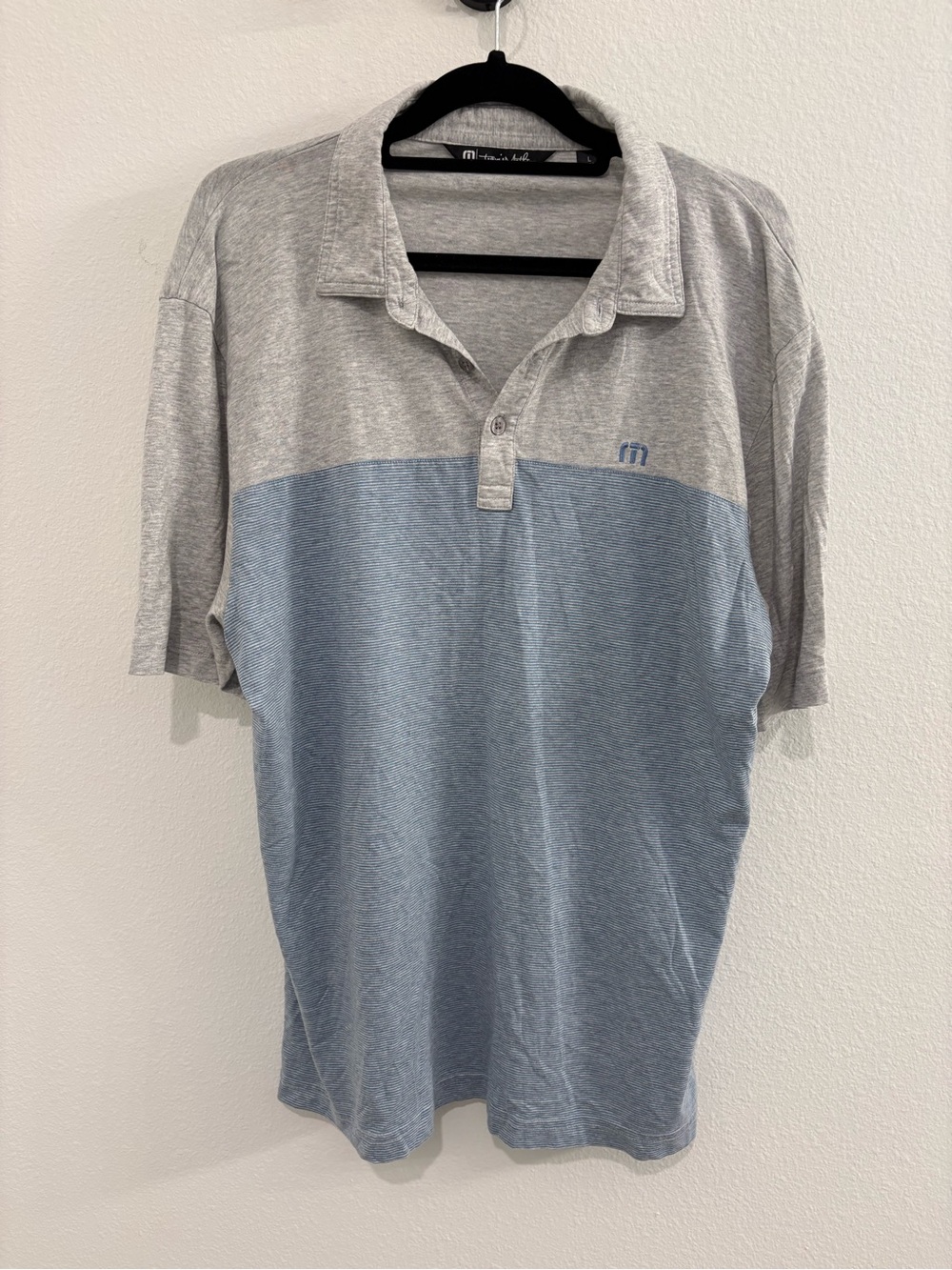 TravisMathew Newport National Golf Club Two-Tone Light Blue & Gray Polo